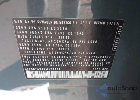 2019 Volkswagen Tiguan 2.0T Se/2.0T Sel/2.0T Sel R-Line/2.0T Sel R-Line Black from USA, damaged, VIN 3VV3B7AX4KM123782